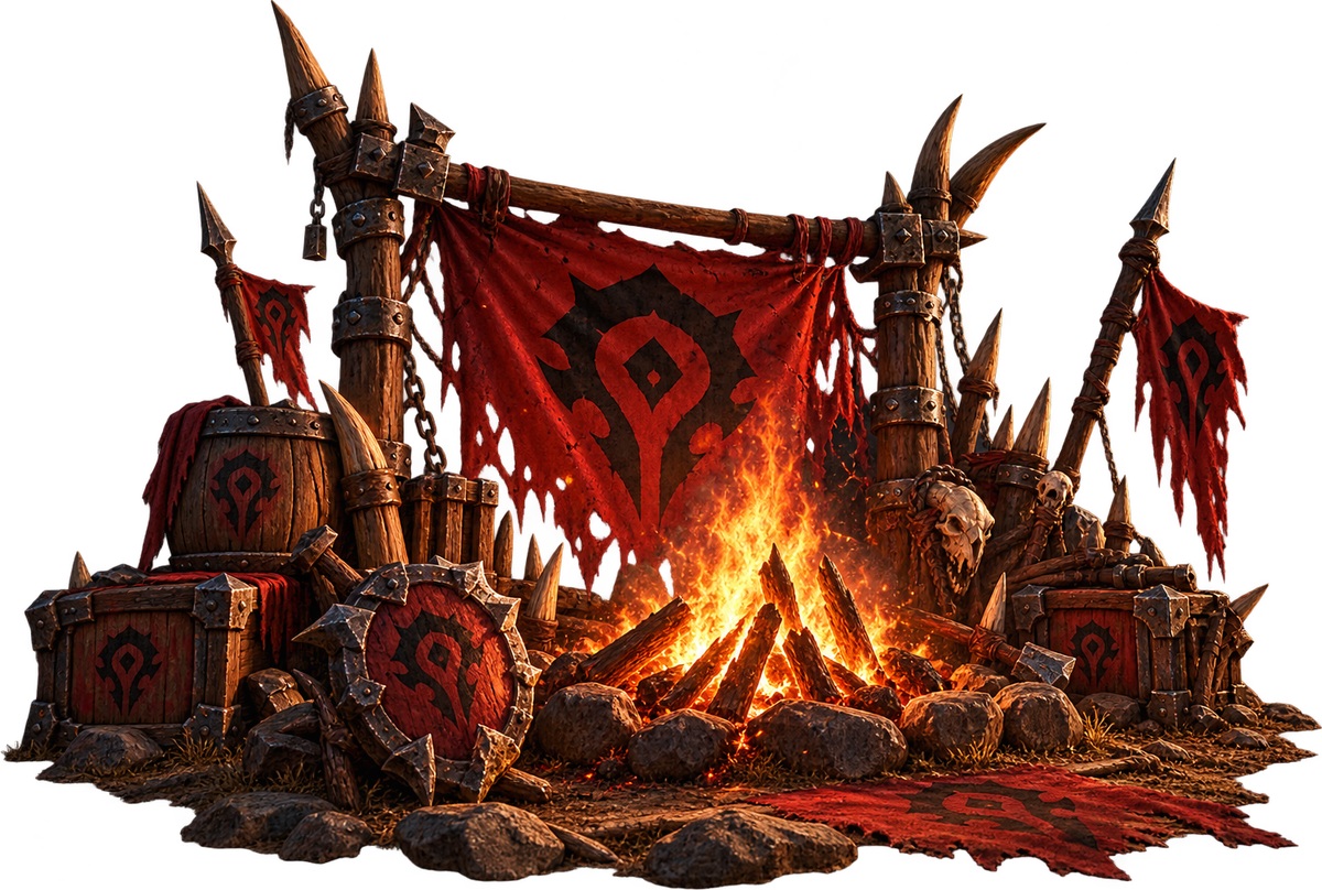 Horde-Lagerfeuer mit Bannern, Fässern und Schild